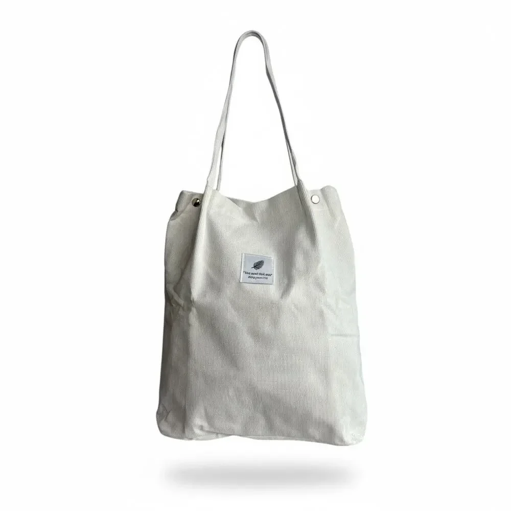 White Corduroy Tote Bag Minimal Canvas Shoulder Bag Snap Closure NEW